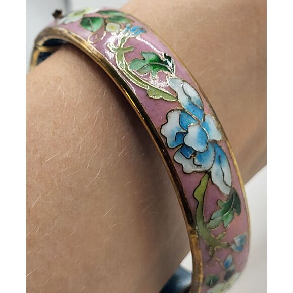 Vintage Pink Blue Flower Cloisonne Hinged  Bangle Bracelet 7.5in - Picture 4 of 6